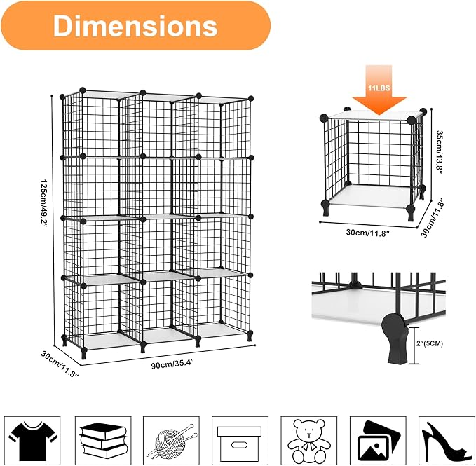AWTATOS Wire 12 Cube Storage Organizer, Closet Storage Shelves Stackable | Metal Cube Storage Bookshelf, DIY Portable Closet Clothes Organizer, Wire Shelving for Bedroom, Home, Office Black