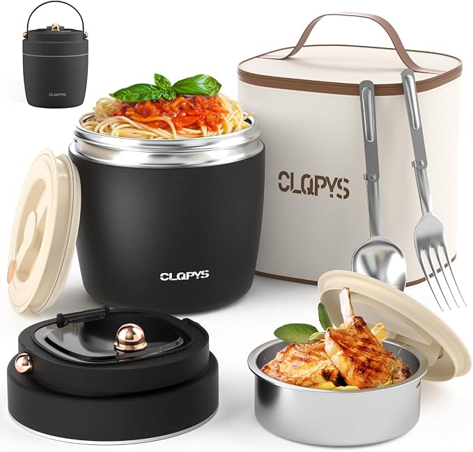 40oz Stainless Steel Vacuum Insulated Food Jar for Adults Wide Mouth Lunch Container with Spoon Fork and Carrying Bag Leak-Proof Soup Thermo Bento Box for Hot Food and Cold Food | Office, Travel Black