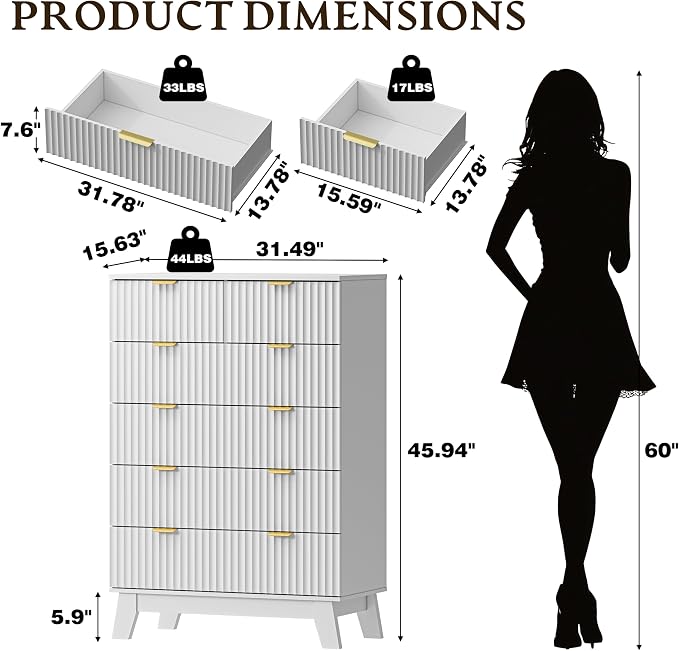 BORNOON 46" Tall Dresser for Bedroom, 6-Drawer Fluted Chest of Drawers, Modern Wood Highboy with Deep Storage, Metal Slides and Handles, Anti-Tip Kit, Vertical Clothes Organizer for Apartment, Nursery