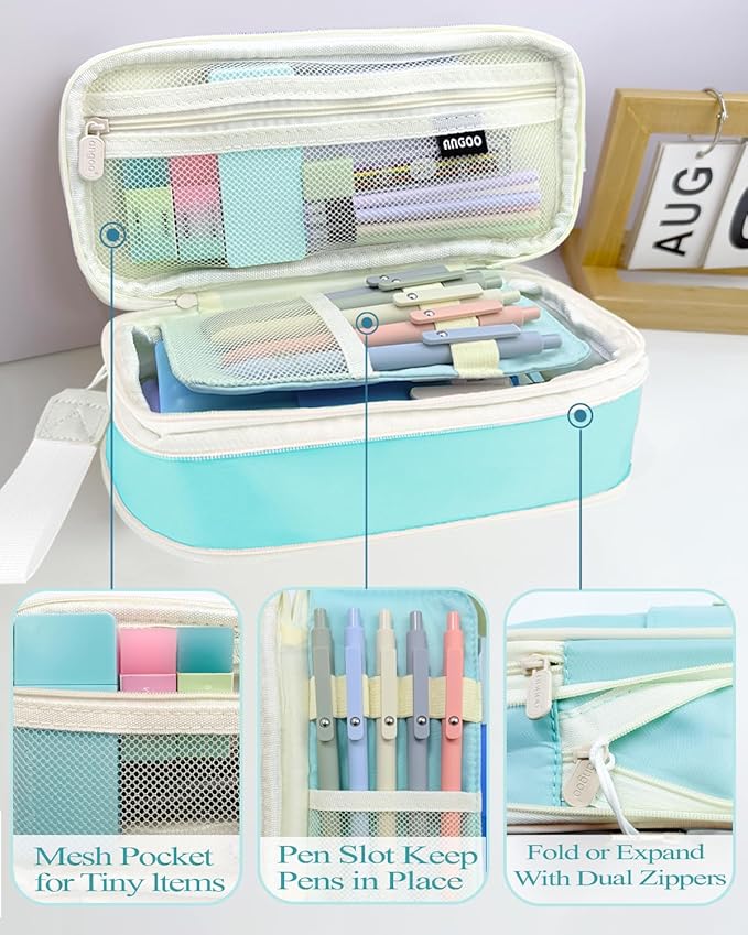 54pcs Aesthetic School Supplies Cute Stationary Set with Pencil Case 12 Highlighters, 5 Black & 6 Color Ink Gel Pens, 6-in-1 Ballpoint Pen,5 Mechanical Pencils 0.5-2.0mm for College Essentials (Blue)
