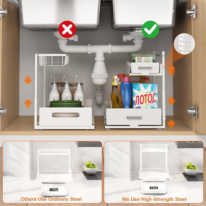 Under Sink Organizer,2 Tier Slide Out Kitchen Cabinet Organizers with Pulley,Under Bathroom Sink Pull Out Organizer with Multiple Height Adjustments for Kitchen and Bathroom Cabinets (White)
