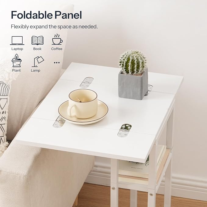 HOOBRO Foldable C Shaped End Table, C Shaped Side Table with Storage Shelf, Small Snack Table, Slide Under Couch Table for Sofa, Living Room Bedroom Small Spaces Easy Assembly, White WW29SF01