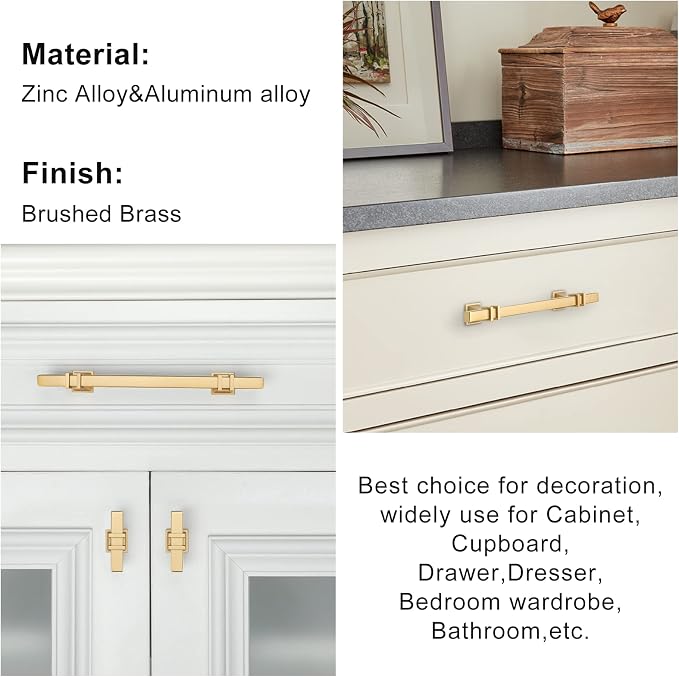 Cabinet Hardware, 10pcs 5inch Brushed Gold Kitchen Cabinet Handles (Stainless Steel, Zinc Alloy), Modern Gold Pulls for Dresser Drawers, Corrosion Resisting, Wear Resistant