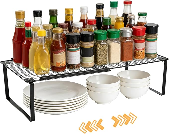Expandable Kitchen Cabinet Organizer, Stackable Metal Storage Shelves, Adjustable Spice Rack, Shelf Riser, Ideal for Kitchen Cabinet, Pantry, Bathroom & Office Storage (Black)