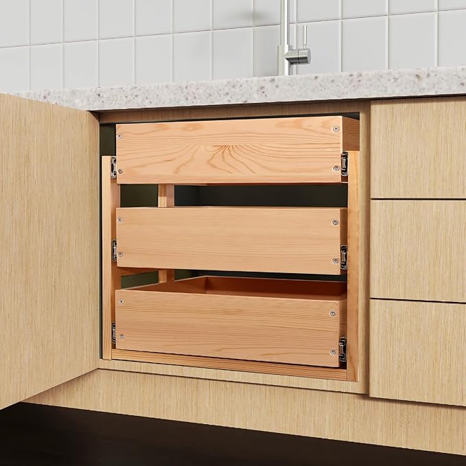 Mulush Pull Out Drawers For Cabinets, 26''W×21''D×19''H Soft Close Slide Out Wood Shelves Storage Organizer for Kitchen, 3-Tier, Finished, Heavy-Duty, Bottom Assembly