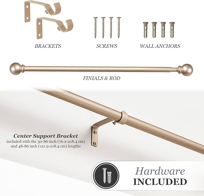 Kenney – Chelsea Curtain Rod, Durable 5/8" Steel Rod with Decorative Ball Ends, Adjustable 28–48" for Light to Medium Weight Curtains, Soft Brass Gold