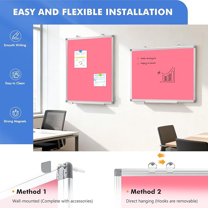 WALGLASS Magnetic Whiteboard 24"x18" Dry Erase White Board for Walls with Pen Tray, Aluminium Frame and Dry-Wipe Writing Surface for Drawing, Home, and Office (Pink)