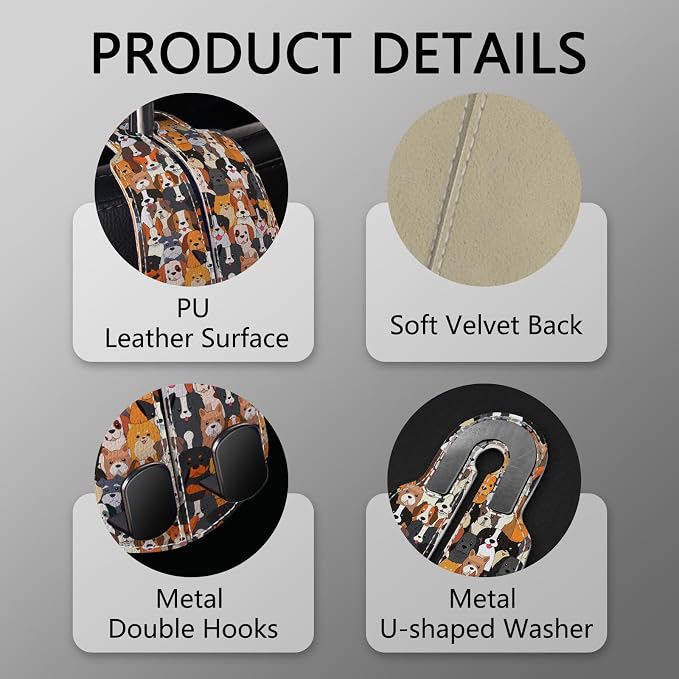 Blusabaca 2PCS Car Seat Headrest Hooks, Purses Bags Holder, Cute Dogs Puppy | PU Leather, Double Metal Back Storage Hangers for Grocery Bags Handbags Bottles Coats Phones, Car Accessories Organization