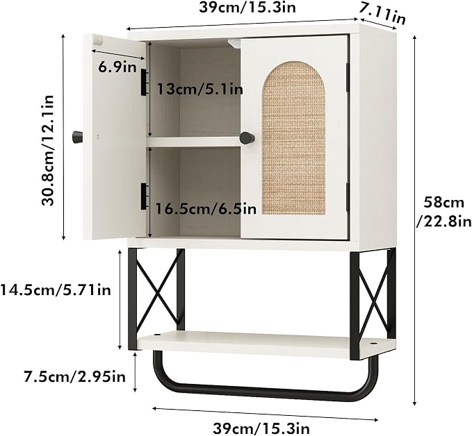 RUSTOWN Rattan Bathroom Wall Cabinet, Boho Over The Toilet Storage Cabinet | Arched Rattan Doors, Modern Medicine Cabinet, Adjustable Shelves, Towel Bar, Vintage White