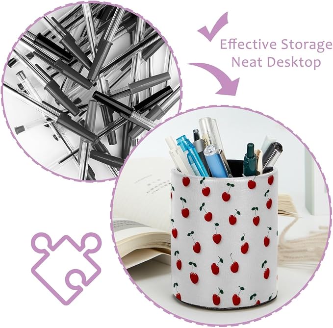 Faux Leather Pen Holder for Desk, Pencil Organizer Love Cherry Pen Cup Desk Decor Makeup Brush Holder Storage for Office Home