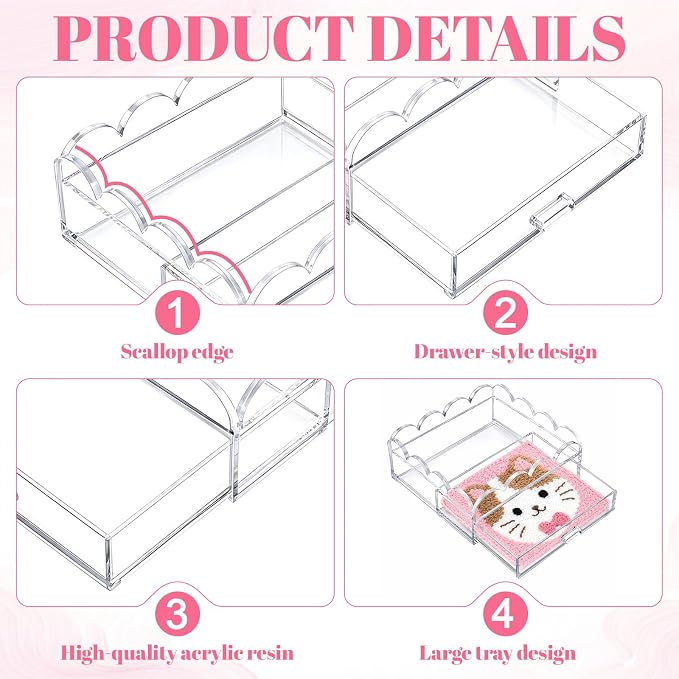 Acrylic Tray with Drawer 5" x 5" Scalloped Clear Acrylic Display Tray for Insert Needlepoint,Desk PMMA Organizer for Perfume Necklace Lipstick Cosmetic Bedroom Bathroom Napkin Tray