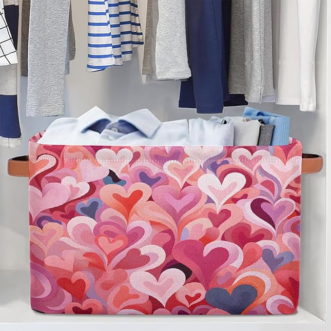 Cube Storage Bins for Shelves, Abstract Red Heart Collapsible Fabric Toys Storage Basket Box with Handles for Home Office Bedroom Closet