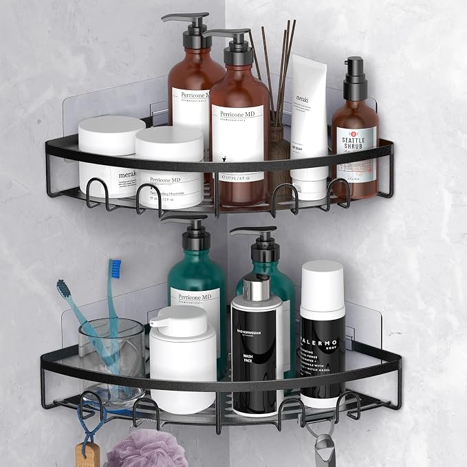 Corner Shower Caddy for Bathroom Storage,Black,2 Pack | No Drilling Bathroom Shower Corner Shelves with Adhesive,Rustproof Shower Organizer