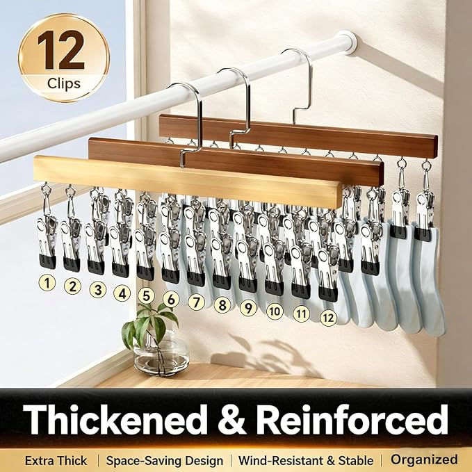 Closet Organizer with 12 Clips, Space Saving Hanging Closet Storage for Hats, Scarves, Jeans, Skirts, Socks, Pants, Multi-Purpose Clip Hanger(Wood TypeA*2)