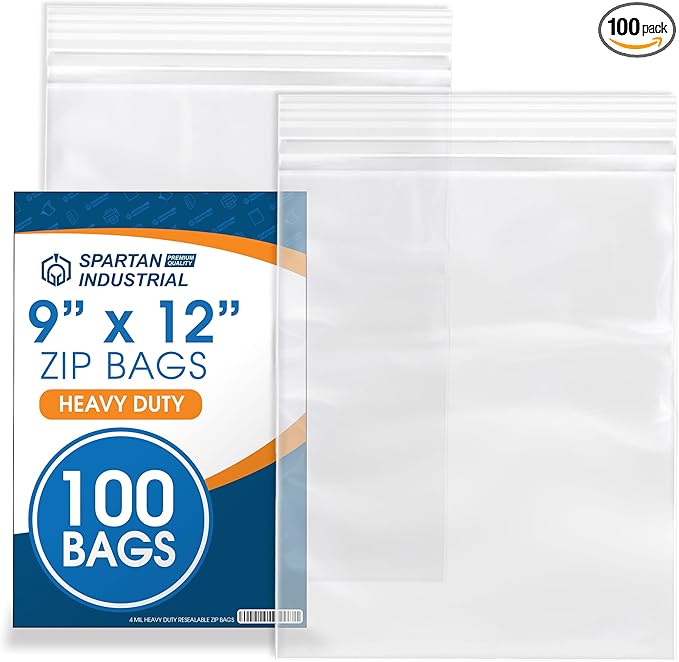 Spartan Industrial - 9” X 12” (100 Count) 4 Mil Thick Clear Reclosable Zip Plastic Poly Bags with Resealable Lock Seal Zipper - Heavy Duty and Durable