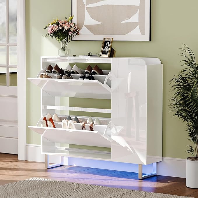 VINGLI Modern High Gloss Shoe Cabinet with LED Lights, Narrow Shoe Storage Organizer with 2 Flip Drawers & Side Cabinet for Tall Boots, Slim Entryway Space Saving, 42", White