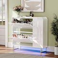 VINGLI Modern High Gloss Shoe Cabinet with LED Lights, Narrow Shoe Storage Organizer with 2 Flip Drawers & Side Cabinet for Tall Boots, Slim Entryway Space Saving, 42", White