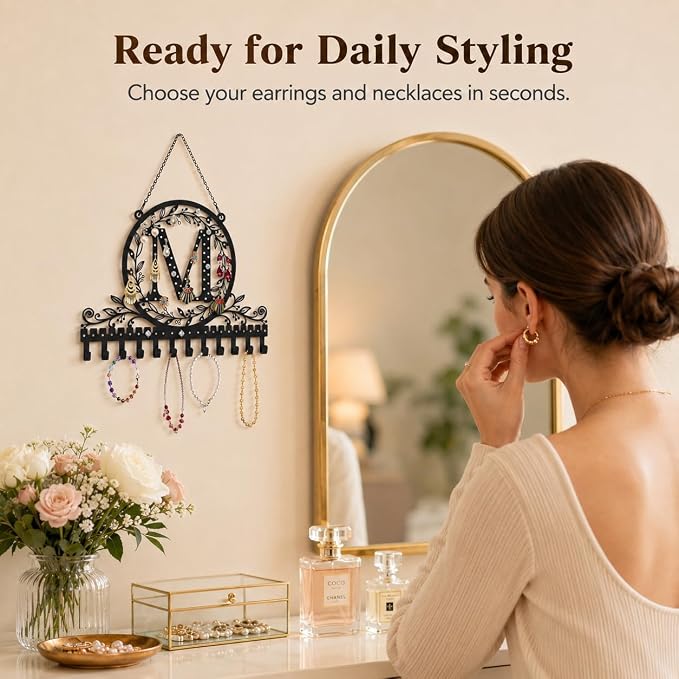 Personalized Wall Mounted Metal Initial Letter M Earring Holder Jewelry Organizer for Earrings and Necklaces Space Saving Wall Display with Hooks Jewelry Storage Bedroom Vanity Gift for Women