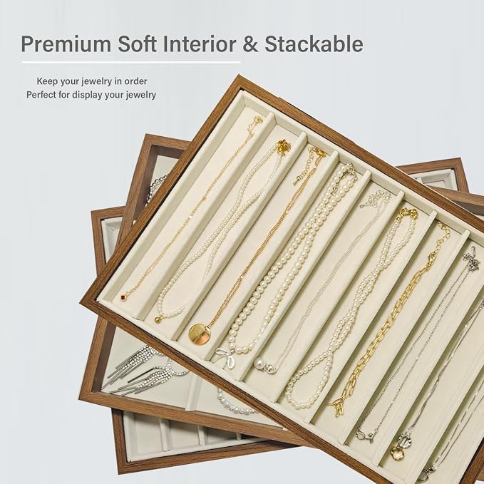 Large Jewelry Trays for Drawers Stackable Velvet Jewelry Display for Vendors Jewelry Drawer Organizer Inserts for Rings Necklace Bracelets Earrings and Studs Earrings (Beige, 30 Grid)
