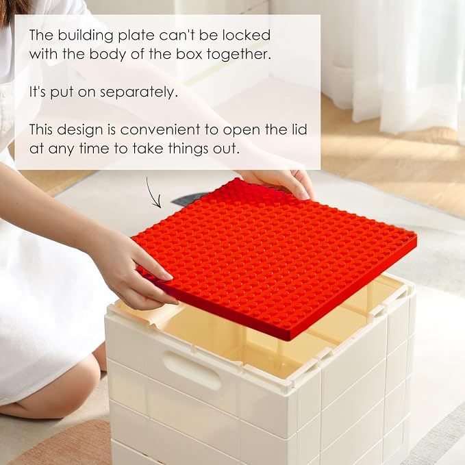 SHIMOYAMA Collapsible Storage Box with Building Baseplate Lid for Duplo Blocks, 26 Qt. Stackable Bricks Storage Bins for MEGA BLOKS, 25L Folding Utility Container for Lego Duplo Bricks, Red
