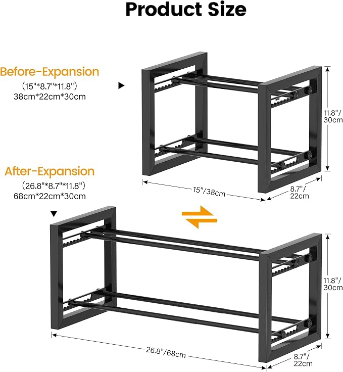 Homeiju Expandable Shoe Rack, 2 Tier Metal Shoe Shelf, Adjustable Shoe Stand for Sneakers, Boots, Heels, Heavy-Duty Steel Standing Shoe Organizer for Entryway, Closet, Bedroom, Black