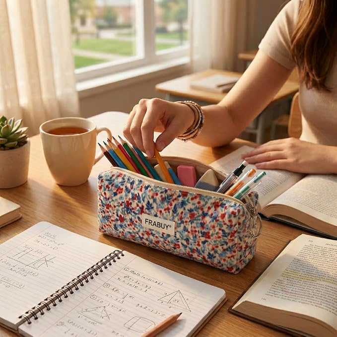 Soft Corduroy Pencil Case Pen Pouch Organizer, Small Stationery Bag | Cute beige small floral pencil pouch, smooth zipper, daily cosmetics holder, compact organizer for school teen girls, women
