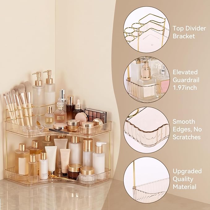 2-Tier Corner Bathroom Counter Organizer with Makeup Brush Holder, Gold | Large Makeup Organizers for Vanity, Corner Bathroom Countertop Organizer for Cosmetic Perfume Skincare Storage