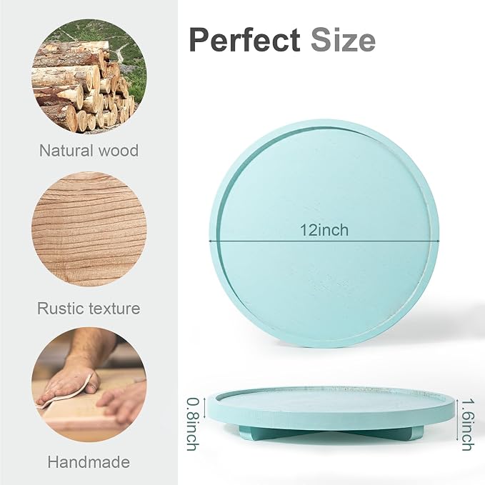 Round Decorative Tray Farmhouse Kitchen Decor Soap Dish, 12" Light Blue | Waterproof, Lightweight, Easy Clean, Wood Riser Pedestal Stand Accessories for Office Desk, Vanity, Counter, Sink