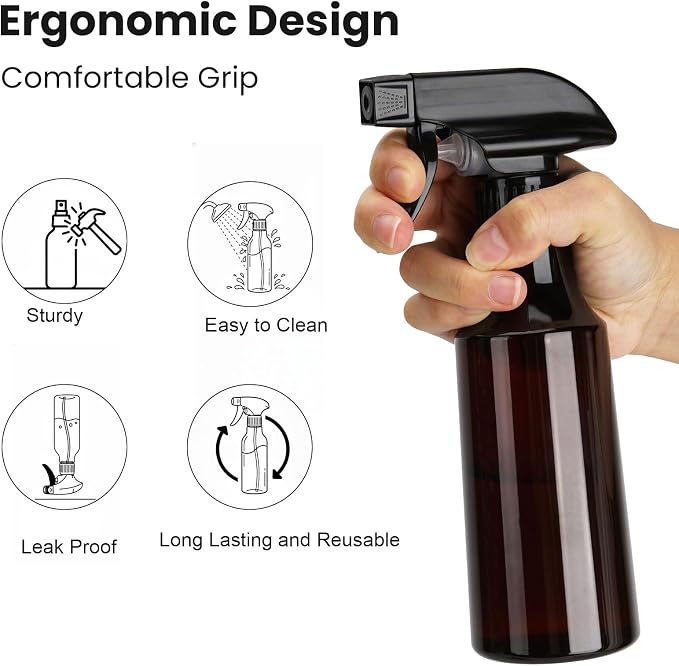 2 Pack 10oz/310ml Plastic Spray Bottles 360° Reverse Empty Spray Bottle Adjustable Nozzle Fine Mist Spray Bottle for Hair Cleaning Solutions Cooking Plant Essential Oils(Brown)