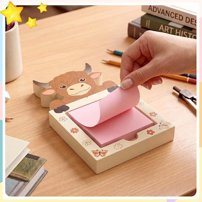 SiliFine Highland Cow Pop up Sticky Note Holder Wood Memo Pad Dispenser 3 x 3 in Sticky Notes Organizer Cute Self Stick Memo Pad Holder for Office Home Back to School Gift No Pads Included