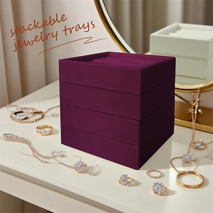 SCIKHETF Velvet Ring Earrings Studs organizer Tray Small Ring Insert Display Tray 5 Slots Stackable (Purple)