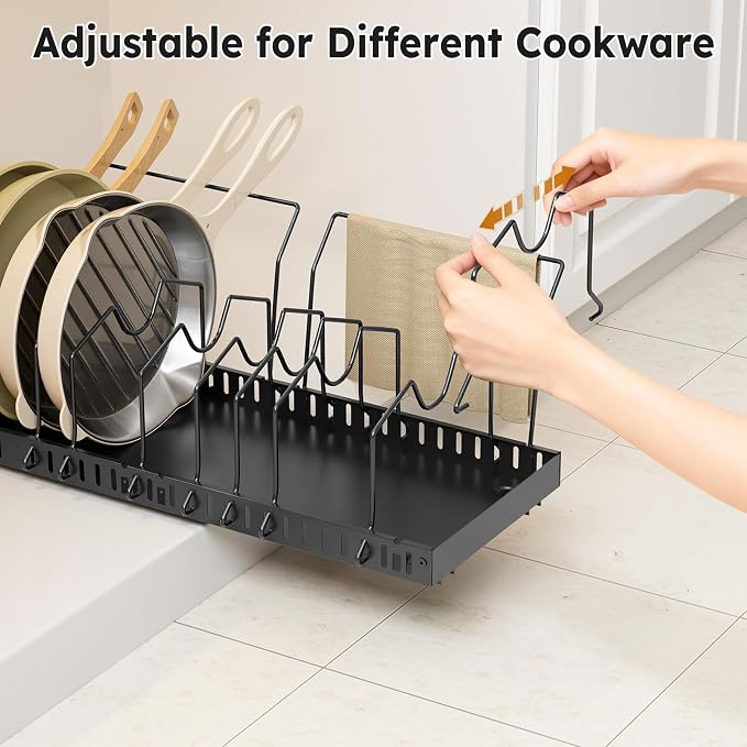 DTUQYX Pull Out Pot and Pan Organizer - 2 Pack Pots and Pans Organizer Under Cabinet Expandable Kitchen Pot Lid No Drill with 20 Adjustable Dividers and Towel Bar（Black,16.53-21.25in）