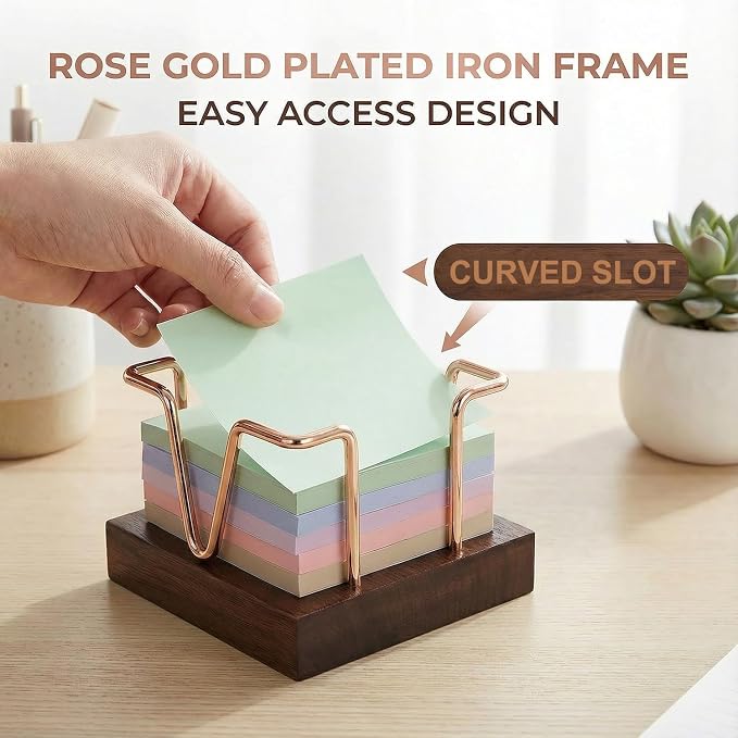 Wood Sticky Note Holder, 3 x 3 inch Self-Stick Note Memo Pad Holder for Desk, Notepad Dispenser for School Office, Rose Gold
