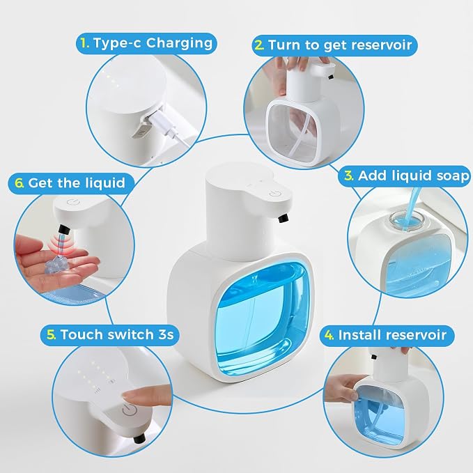 Automatic Liquid Soap Dispenser, 17oz/500ml Touchless Rechargeable with 4-Level Adjustable & IPX5 Waterproof - Level Display for Wall/Tabletop Use in Bathroom, Kitchen, White