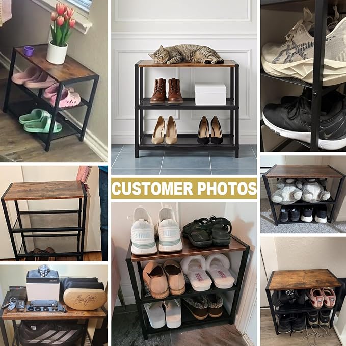 Small Narrow Shoe Rack for Entryway, 3-Tier Metal Wood Shoe Shelf | Shoe Storage Organizer, Holds 6 Pairs, Wooden Table Top, Mesh Shelves, for Front Door Entrance Closet Floor Hallway Bedroom