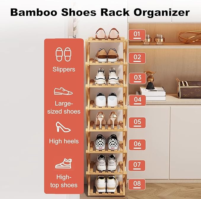 YYW Bamboo Shoe Rack, Foldable Vertical Free Standing Shoe Storage Shelf | Foldable design, Free standing for entryway or living room, Vertical shoe organizer, Space saving closet shelf