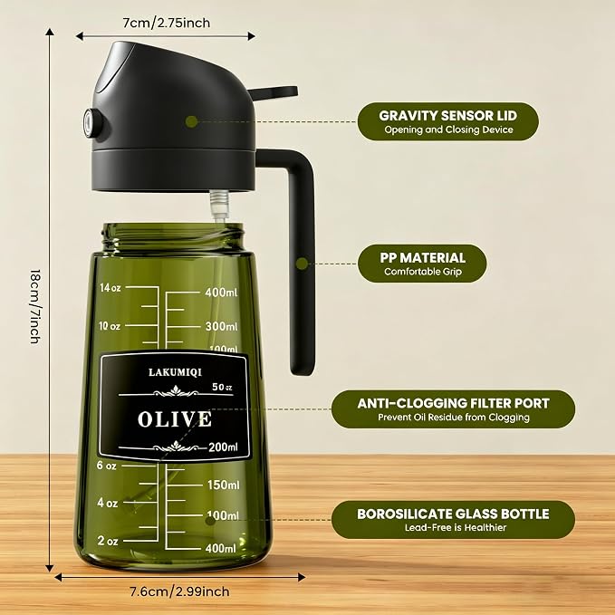 Oliver Oil Sprayer & Dispenser for Cooking Bottle 16oz Dark Glass Fine Mist | 2-in-1 Lightproof Borosilicate Glass Oil Bottle, Wide Mouth for Easy Refill Clean