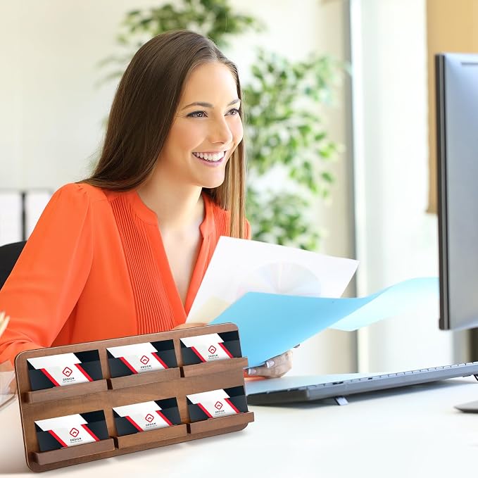 Leinuosen 2 Tier Wood Multiple Business Card Holder Desktop 6 Slot Business Card Holder for Desk Gift Postcard Display Rack Pamphlet Display Stand for Office Meeting Home Men Women(12.99 x 6.3 Inch)