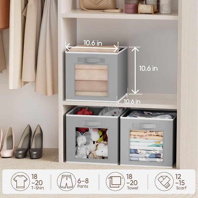Homsorout Bins for Closet Organization - Cubby Storage Organizer with Window, Closet Baskets for Shelves, Folding Cubes for Storage, Storage Bins for Home, 11inch, Set of 8, Grey