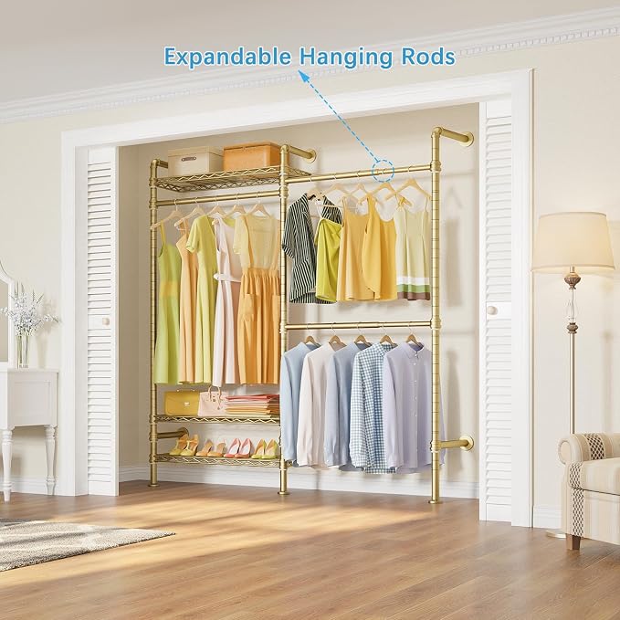 Timate F2 Industrial Pipe Clothes Rack Wall Mounted Clothing Rack for Hanging Clothes, Expandable Garment Rack Heavy Duty Wardrobe Closet Organizer and Storage, Adjustable Industrial Closet Kit, Gold