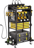 VEVOR 4-Tier Tool Organizer Cart with Charging Station, 8 AC Outlet, Floor Stand Rolling Drill Holder and Tool Battery Storage Rack on Wheels, Garage Floor Rolling Storage Cart for Workshop, Garage