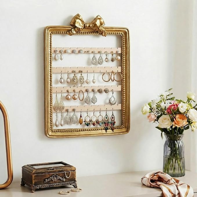 12 x 9.5 Inches Earring Organizer Wall Mounted Jewelry Holder Hanging Vintage Display Rack with 4 Tiers Elegant Earring Holder for Women Necklaces Bracelets Jewelry Storage Gift(Bow)