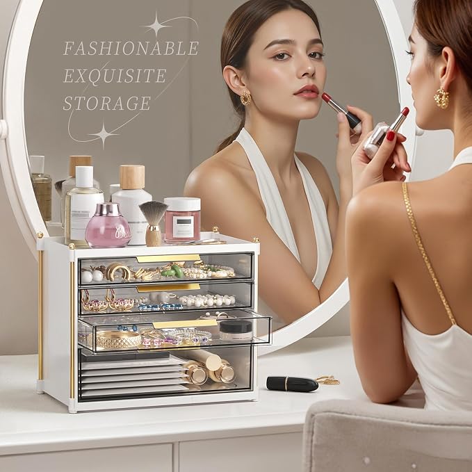 Aveniee 4 Drawers Makeup Organizer- Bathroom Organizers and Storage, Plastic Bins Countertop Perfume Vanity Desk Organization for Cosmetic, Skincare, Face Mask, Jewelry, White