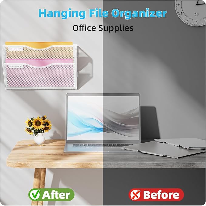 Marbrasse Wall File Holder 2-Tier Hanging Wall File Organizer, Mesh Mail Holder for Papers, Wall Mount File Clipboard & Magazine Organizer Great for Office Home (White)