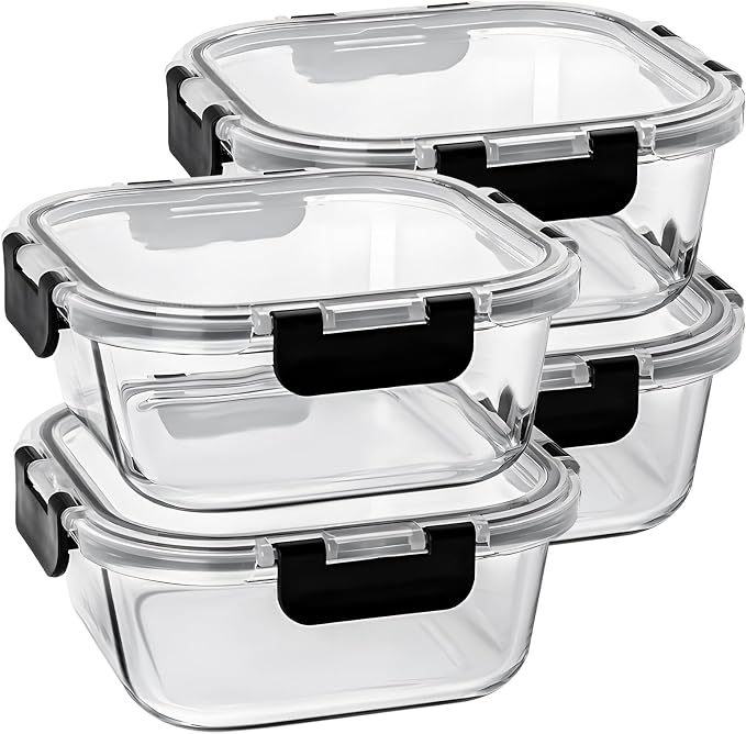 4Pack 27 oz Glass Meal Prep Containers wtih Lids | Glass lunch containers, Snap Containers, Leekproof, Microwave, Oven, Freezer and Dishwasher, BPA Free