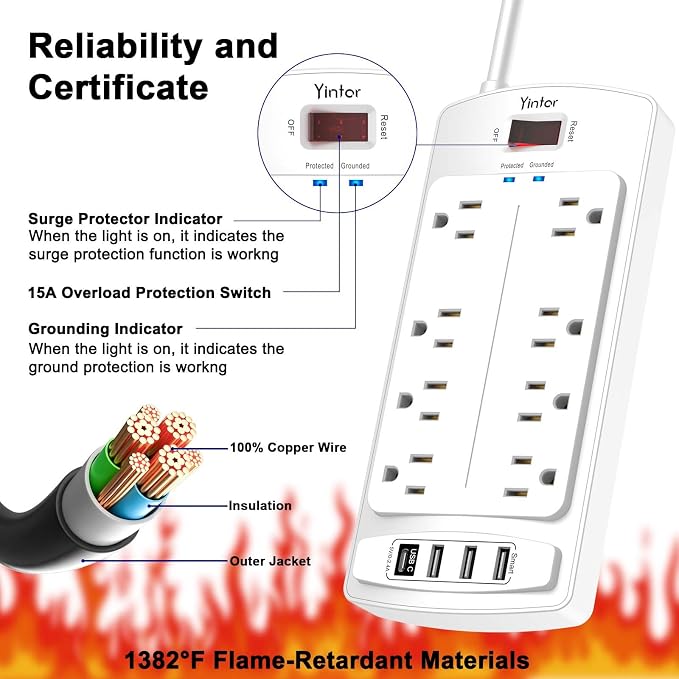 Surge Protector Power Strip, Yintar 6 Feet Flat Plug Extension Cord with 8 AC Outlets and 4 USB Ports, 2700 Joules, ETL Listed, White