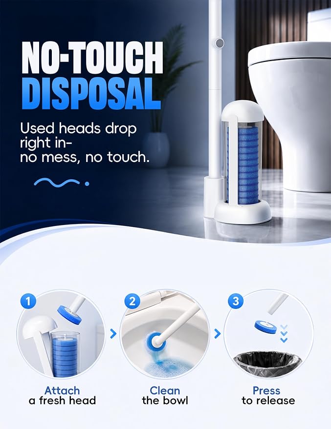 Toilet Brush Kit, Disposable Toilet Bowl Cleaner Brush with Blue Replacement Heads, Press-Button Wand and Self-Closing Freestanding Holder (2 Toilet Brush + 91 Refills)