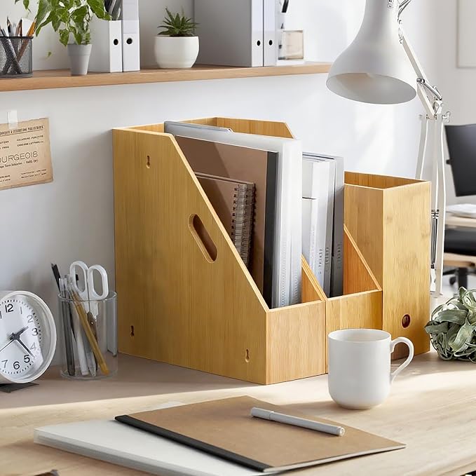 Libreshine Slim Bamboo Cutting Board Holder & Baking Sheet Organizer | Open-front design keeps small to medium boards and bakeware upright; size: 12.6 x 4.9 x 10.5 in. Measure before purchase
