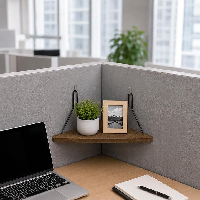 1PCS Fabric Wall Cubicle Corner Shelf with Hooks, Wooden Organizer | 11.81 x 8.46 In Triangular Hanging Shelves for Office Fabric Walls, Work Display Storage, Small Planter, Photo, Decor