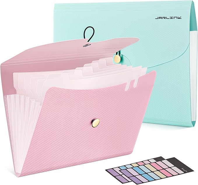 JARLINK 7 Pockets Expanding File Folder, A4 Accordion folders, Blue & Pink | Accordion File Folders with 12 Labels, Portable Document Organizer for Home, College, School, and Office Supplies